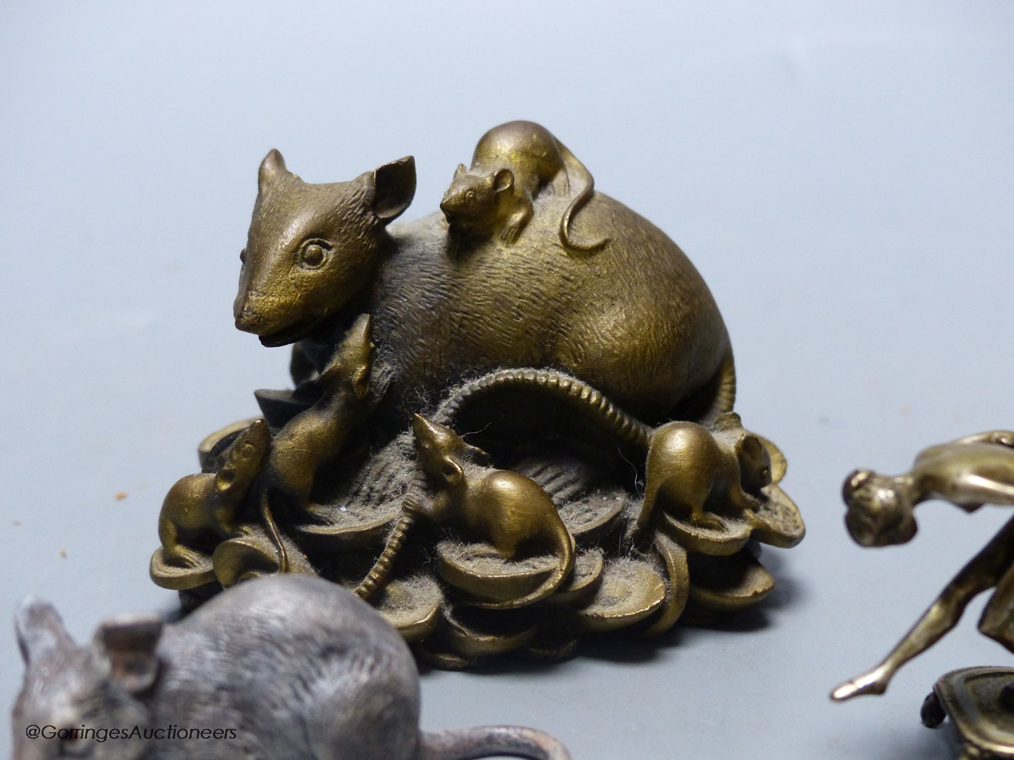 After Franz Bergmann, two cast bronze models of mice, a model of a bird, after Max le Verrier, bears signature and miniature bronze of a dancer (4)